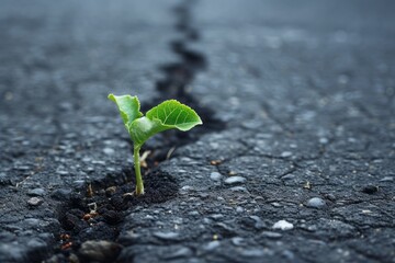 A sprout grows from a crack in the asphalt, the desire for life, concern for the environment