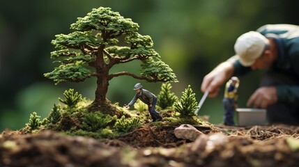 A gardener carefully pruning a bonsai tree, capturing the artistry of miniature gardening.