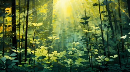 Abstract patterns formed by sunlight filtering through the leaves of a dense forest