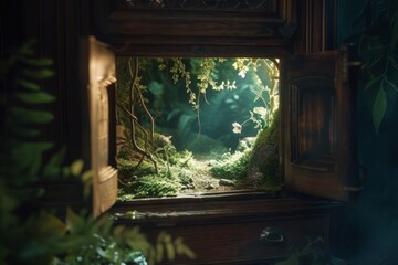 The magical transformation of shadows under a cabinet into an enchanted forest where fairies and elves dwell children can encounter magical beings explore mysterious paths and solve enchanting puzzles - obrazy, fototapety, plakaty
