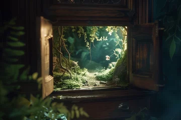 Fotobehang The magical transformation of shadows under a cabinet into an enchanted forest where fairies and elves dwell children can encounter magical beings explore mysterious paths and solve enchanting puzzles © DK_2020