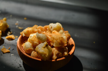 Snack on dry dumplings or  siomay cikruh. Made from dumpling skin and tapioca flour which are fried...