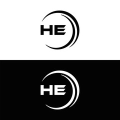 HE logo. H E design. White HE letter. HE, H E letter logo SET design. Initial letter HE linked circle uppercase monogram logo. H E letter logo SET vector design. HE letter logo design five