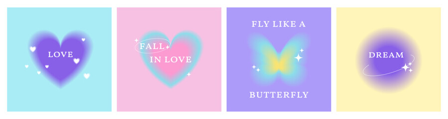 Trendy retro posters with aura effect in y2k style. Blurry gradient backgrounds with text, sparkles, vintage heart, butterfly, dream, love concept. Vector   