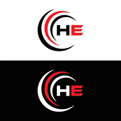 HE logo. H E design. White HE letter. HE, H E letter logo SET design. Initial letter HE linked circle uppercase monogram logo. H E letter logo SET vector design. HE letter logo design five