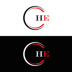 HE logo. H E design. White HE letter. HE, H E letter logo SET design. Initial letter HE linked circle uppercase monogram logo. H E letter logo SET vector design. HE letter logo design five