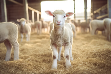 Portrait of a cute lamb on a background of sheep in the barn. In background flock of sheep.

