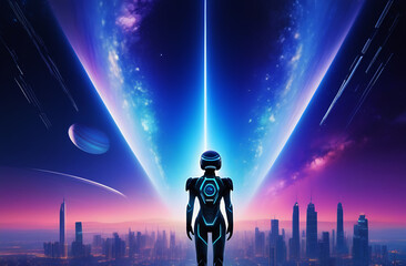 futuristic illustration where a man in spacesuit, robot, extraterrestrial, alien stands against the background of space, civilization, the universe