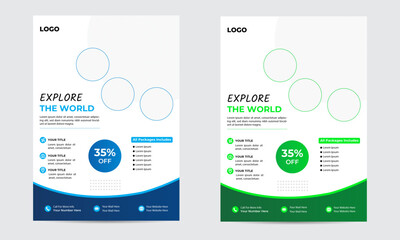 Modern, Creative, Unique, and Colorful Travel Flyer Template Used For Travel Agency Promotion Catalog Design.
