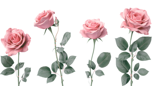 Set of pink roses leaf floral single plant on transparent background. Valentine's day. Mock up template product presentation. artwork design