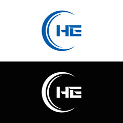HE logo. H E design. White HE letter. HE, H E letter logo SET design. Initial letter HE linked circle uppercase monogram logo. H E letter logo SET vector design. HE letter logo design five