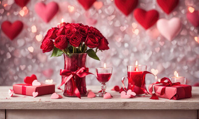 Valentines day table and blurred background.