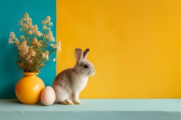 Cute rabbit with egg and flowers on a multicolored background