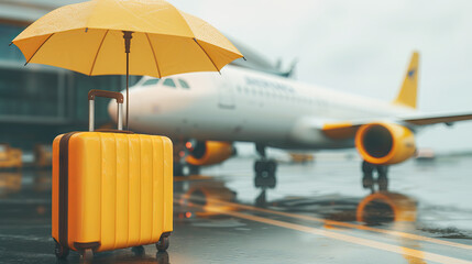 Tourist or business trip insurance concept. Suitcases stand under the protection of umbrellas at the airport against the backdrop of passenger planes - obrazy, fototapety, plakaty