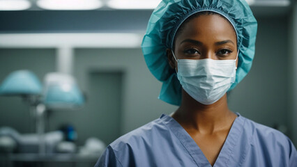 Fototapeta na wymiar Portrait of a young nursing student standing in hospital, dressed in scrubs, Doctor intern