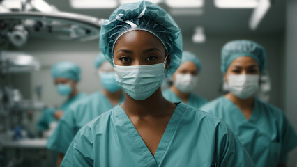 Fototapeta na wymiar Surgical specialist, woman in uniform, hospital portrait during a surgery, Nurses in background AI Generated 