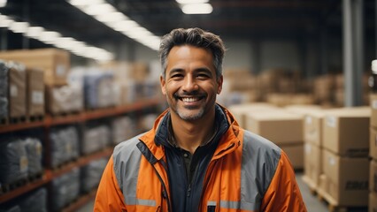 Portrait of Happy warehouse worker driver in the large warehouse. Generative Ai