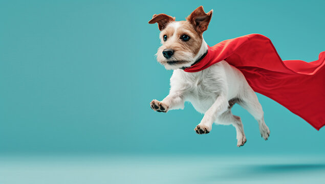 Superhero dog, creative picture of cute animal wearing cape and mask jumping and flying on light background, copy space. Leader, funny animals studio shot