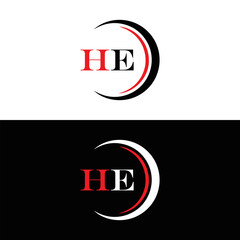 HE logo. H E design. White HE letter. HE, H E letter logo SET design. Initial letter HE linked circle uppercase monogram logo. H E letter logo SET vector design. HE letter logo design five