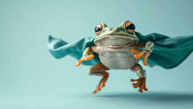 Superhero frog, creative picture of cute animal wearing cape and mask jumping and flying on light background, copy space. Leader, funny animals studio shot