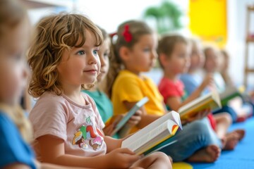 Children in kindergarten learn to read at a reading lesson - obrazy, fototapety, plakaty