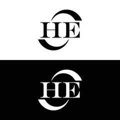 Fototapeta premium HE logo. H E design. White HE letter. HE, H E letter logo SET design. Initial letter HE linked circle uppercase monogram logo. H E letter logo SET vector design. HE letter logo design five
