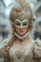 portrait of a blonde girl wearing a venetian carnival mask 