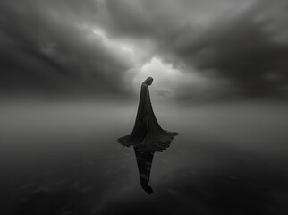 storm clouds gather above an eerie looking person dressed in dark clothes, standing in the middle of a calm body of water, representing death, the afterlife, and the grim reaper
