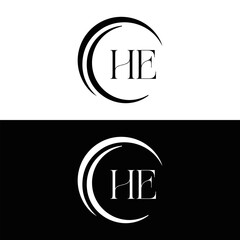 HE logo. H E design. White HE letter. HE, H E letter logo SET design. Initial letter HE linked circle uppercase monogram logo. H E letter logo SET vector design. HE letter logo design five