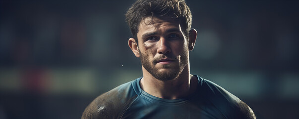 Intense Gaze of a Determined Rugby Player in Action - Athleticism and Focus Captured