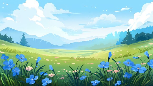 meadow with blue flowers illustration.