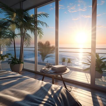 condominium room with ocean view, room with ocean view, natural light, mid-century modern style, plants
