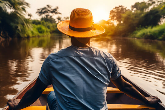 Fisherman Standing on boat in sunset