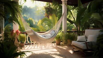 Veranda serenity with a comfortable hammock, woven furniture, and a soft color palette, surrounded by lush greenery - obrazy, fototapety, plakaty