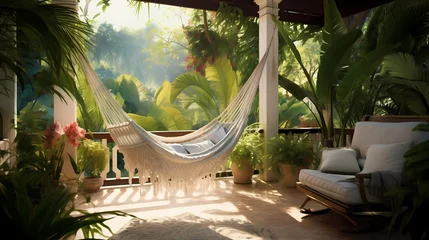 Abwaschbare Fototapete Veranda serenity with a comfortable hammock, woven furniture, and a soft color palette, surrounded by lush greenery © Joun