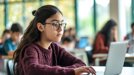 young female student wearing glasses, working on a laptop in a classroom environment