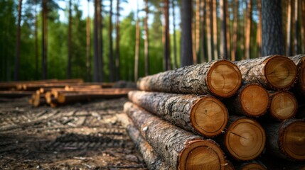 Log spruce trunks pile. Sawn trees from the forest. Logging timber wood industry. Cut trees along a road prepared for removal. Panorama