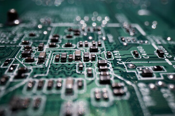 Circuit board with electrons. Motherboard. Electronic circuit board close up. Electronic computer...