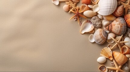A clean summer beach mockup seen from above with seashells around, copy space place for text background