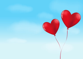 Heart Shaped Balloons on Blue Sky. Background for Valentine's Day, Wedding Celebration, Mother's Day or Anniversary. Vector Illustration.