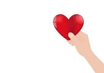 Hand Holding Red Heart on White Background. Concept of Valentine's Day and Mother's Day Concept. Vector Illustration. 