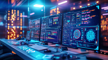 high-tech workstation with multiple computer monitors displaying graphs and analytical data