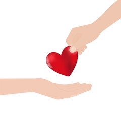 Obraz premium Hand Giving Red Heart on White Background. Concept of Valentine's Day and Mother's Day Concept. Vector Illustration. 