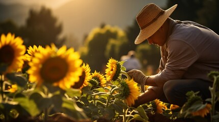 A serene shot of a gardener tending to vibrant sunflowers under the warm rays of the sun.