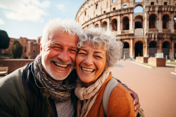 selfie of a couple of happy elderly tourists with the Roman colosseum in the background
