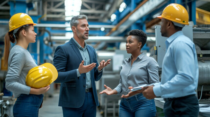 group of professionals in a discussion at an industrial facility