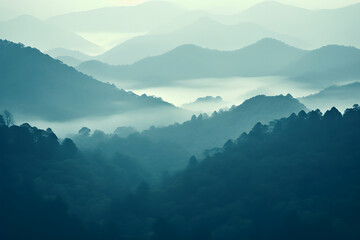 Fototapeta premium Mountain rock, sunset and snow fog