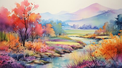 A watercolor landscape with vibrant hues.