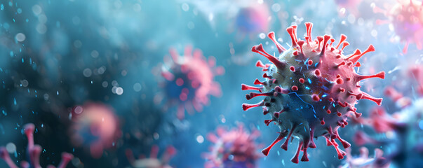 Close up banner of floating virus cells, bacteria, microbes on blurred background with copy space. Abstract 3d render visualization of covid, flu, infection disease. Сoncept for  hospitals, clinics. - obrazy, fototapety, plakaty