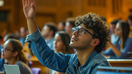 Fototapeta premium student is raising their hand in a classroom, with other students and a teacher in the background